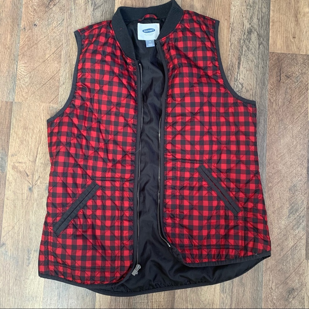 Red and black gingham puffer vest medium